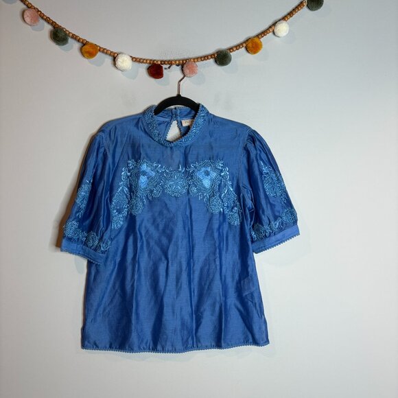 Anthropologie Payal Jain Carrington Blue Embroidered Blouse - Picture 2 of 6